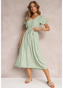 Jasnozielona Wiskozowa Sukienka Midi z Gumką w Talii i Falbankami Nenora ze sklepu Renee odzież w kategorii Sukienki - zdjęcie 157095850
