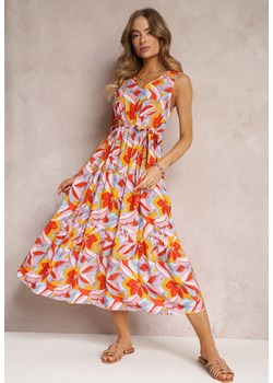 Pomarańczowo-Różowa Rozkloszowana Sukienka Midi z Gumką i Wiązaniem w Pasie z Wiskozy Overblossom ze sklepu Renee odzież w kategorii Sukienki - zdjęcie 157095950