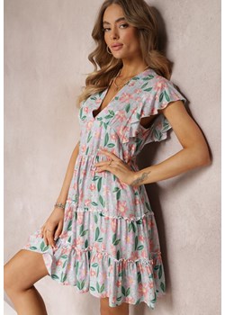 Miętowa Taliowana Sukienka z Wiskozy w Kwiaty Idotine ze sklepu Renee odzież w kategorii Sukienki - zdjęcie 157096100