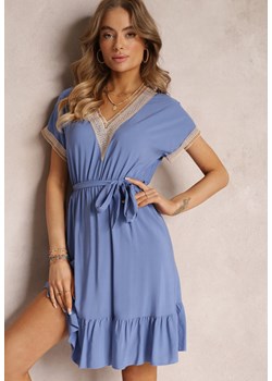 Niebieska Sukienka Mini z Gumką w Pasie i Ażurowymi Zdobieniami z Wiskozy Joria ze sklepu Renee odzież w kategorii Sukienki - zdjęcie 157096140