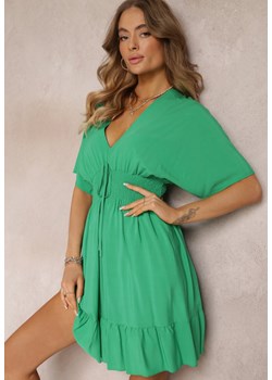 Zielona Gładka Sukienka z Gumką i Wiązaniem w Pasie z Wiskozy Lessisa ze sklepu Renee odzież w kategorii Sukienki - zdjęcie 157096150
