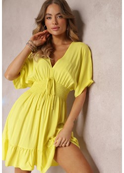Żółta Gładka Sukienka z Gumką i Wiązaniem w Pasie z Wiskozy Lessisa ze sklepu Renee odzież w kategorii Sukienki - zdjęcie 157096170
