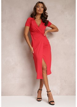 Czerwona Kopertowa Sukienka Midi z Krótkim Rękawem i Ozdobnym Węzłem Katasia ze sklepu Renee odzież w kategorii Sukienki - zdjęcie 157096523