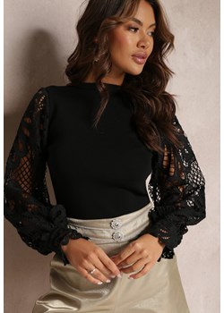 Czarna Dzianinowa Bluzka z Długimi Koronkowymi Rękawami Handra ze sklepu Renee odzież w kategorii Bluzki damskie - zdjęcie 157096670