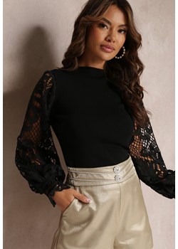 Czarna Dzianinowa Bluzka z Długimi Koronkowymi Rękawami Handra ze sklepu Renee odzież w kategorii Bluzki damskie - zdjęcie 157096671