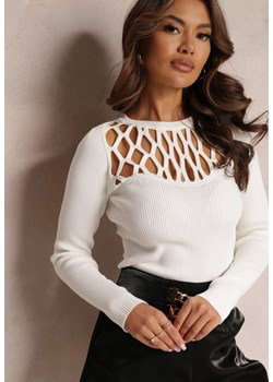 Biały Sweter z Prążkowanej Dzianiny i Ażurowym Zdobieniem Tialena ze sklepu Renee odzież w kategorii Swetry damskie - zdjęcie 157096730