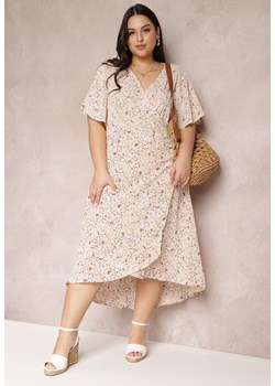 Beżowa Sukienka o Kopertowym Kroju Midi w Kwiatowy Wzór Kirpa ze sklepu Renee odzież w kategorii Sukienki - zdjęcie 157096970