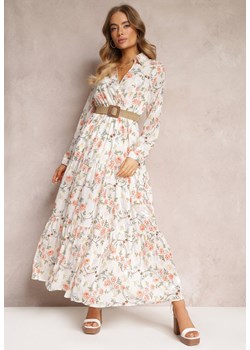 Biała Sukienka Maxi z Plecionym Paskiem i Gumką w Talii w Kwiaty Elanisa ze sklepu Renee odzież w kategorii Sukienki - zdjęcie 157097301