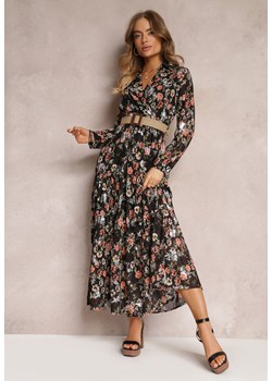 Czarna Sukienka Maxi z Plecionym Paskiem i Gumką w Talii w Kwiaty Elanisa ze sklepu Renee odzież w kategorii Sukienki - zdjęcie 157097311