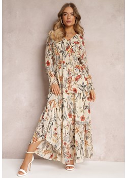 Jasnobeżowa Rozkoszowana Sukienka Maxi z Falbankami i Gumką w Talii Leezasa ze sklepu Renee odzież w kategorii Sukienki - zdjęcie 157097341