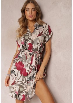 Beżowo-Fuksjowa Koszulowa Sukienka z Egzotycznym Wzorem i Wiązaniem W Talii Cerbia ze sklepu Renee odzież w kategorii Sukienki - zdjęcie 157097431