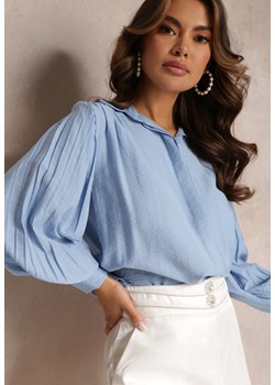 Niebieska Koszula z Kołnierzykiem i Plisowanymi Rękawami Devla ze sklepu Renee odzież w kategorii Koszule damskie - zdjęcie 157097503
