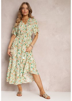 Jasnozielona Sukienka z Gumką w Talii z Wiskozy w Kwiatowy Wzór Cace ze sklepu Renee odzież w kategorii Sukienki - zdjęcie 157097754
