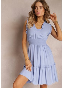 Niebieska Sukienka z Wiskozy z Krótkimi Falbankami i Gumką w Talii Damina ze sklepu Renee odzież w kategorii Sukienki - zdjęcie 157097843