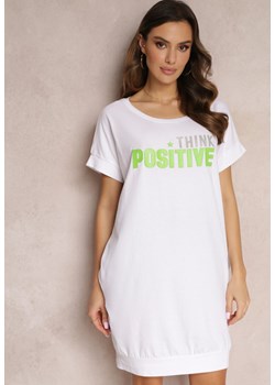 Biała Bawełniana Sukienka T-shirtowa z Ozdobnym Napisem z Przodu Olivette ze sklepu Renee odzież w kategorii Sukienki - zdjęcie 157097933