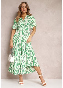 Zielono-Beżowa Sukienka Maxi z Wiskozy z Odkrytymi Plecami i Falbankami Jayliana ze sklepu Renee odzież w kategorii Sukienki - zdjęcie 157098013