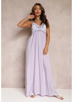 Fioletowa Bawełniana Sukienka Maxi z Szydełkową Górą i Gumkami na Plecach Jennesia ze sklepu Renee odzież w kategorii Sukienki - zdjęcie 157098153