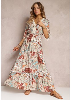 Beżowo-Miętowa Sukienka Maxi z Gumką w Talii i Frędzelkami Gemava ze sklepu Renee odzież w kategorii Sukienki - zdjęcie 157098263