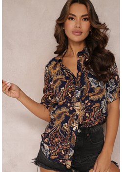 Granatowo-Brązowa Wiskozowa Koszula z Guzikami i Kieszeniami Navami ze sklepu Renee odzież w kategorii Koszule damskie - zdjęcie 157098681