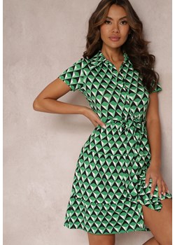 Zielona Sukienka Mini z Kołnierzykiem i Materiałowym Paskiem Rital ze sklepu Renee odzież w kategorii Sukienki - zdjęcie 157098951