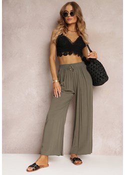 Ciemnozielone Szerokie Spodnie z Gumką i Wiązaniem w Pasie Gamina ze sklepu Renee odzież w kategorii Spodnie damskie - zdjęcie 157099171