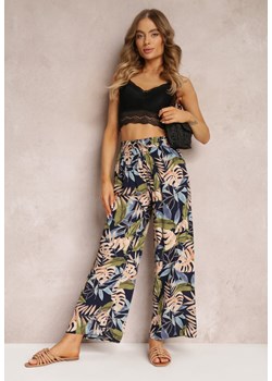Granatowe Spodnie z Roślinnym Wzorem z Gumką w Talii i Wysokim Stanem Eudis ze sklepu Renee odzież w kategorii Spodnie damskie - zdjęcie 157099261