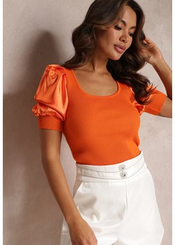 Pomarańczowa Prążkowana Bluzka z Satynowymi Rękawami Thinih ze sklepu Renee odzież w kategorii Bluzki damskie - zdjęcie 157099271