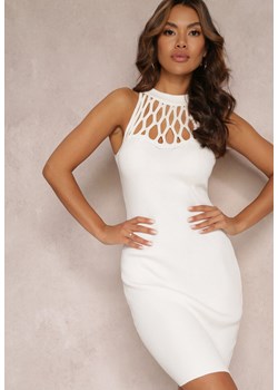 Biała Prążkowana Sukienka Mini z Ażurowym Dekoltem Emmily ze sklepu Renee odzież w kategorii Sukienki - zdjęcie 157099304