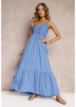 Niebieska Rozkloszowana Sukienka Maxi na Cienkich Ramiączkach z Ażurową Górą Batri ze sklepu Renee odzież w kategorii Sukienki - zdjęcie 157099761