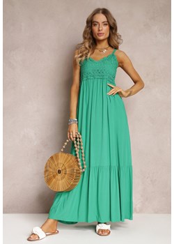 Zielona Rozkloszowana Sukienka Maxi na Cienkich Ramiączkach z Ażurową Górą Batri ze sklepu Renee odzież w kategorii Sukienki - zdjęcie 157099771