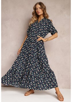 Granatowa Rozkloszowana Sukienka w Kwiaty Bawełniana Leatria ze sklepu Renee odzież w kategorii Sukienki - zdjęcie 157100181
