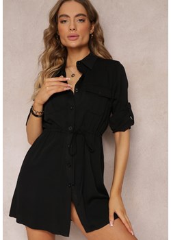 Czarna Dłuższa Koszula Ściągana w Pasie z Wiskozy i Kieszeniami Genessa ze sklepu Renee odzież w kategorii Koszule damskie - zdjęcie 157100291
