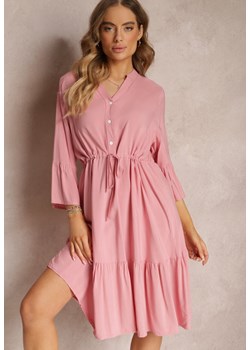 Różowa Rozkloszowana Sukienka z Materiałowym Paskiem i Falbanką Elyza ze sklepu Renee odzież w kategorii Sukienki - zdjęcie 157100371