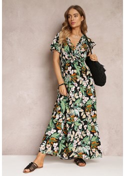 Czarno-Zielona Sukienka Rozkloszowana w Kwiaty z Gumką w Pasie Diggle ze sklepu Renee odzież w kategorii Sukienki - zdjęcie 157100411