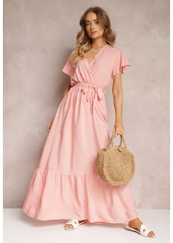 Różowa Rozkloszowana Sukienka Maxi z Gumką w Talii i Falbankami Tracia ze sklepu Renee odzież w kategorii Sukienki - zdjęcie 157100591