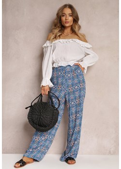 Granatowe Bawełniane Spodnie w Abstrakcyjny Wzór z Wysokim Stanem i Gumką w Talii Lilliah ze sklepu Renee odzież w kategorii Spodnie damskie - zdjęcie 157100833