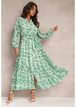 Zielona Kwiecista Sukienka Maxi z Falbanką i Materiałowym Paskiem Ayvie ze sklepu Renee odzież w kategorii Sukienki - zdjęcie 157100853
