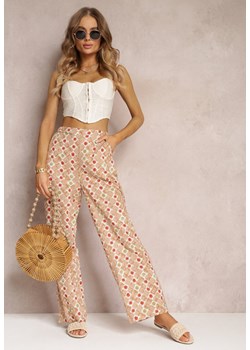 Beżowe Szerokie Spodnie w Fantazyjny Print Bawełniane Rosabella ze sklepu Renee odzież w kategorii Spodnie damskie - zdjęcie 157100883