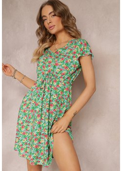 Miętowo-Zielona Kwiecista Sukienka Mini z Wiskozy z Krótkim Rękawem Ayela ze sklepu Renee odzież w kategorii Sukienki - zdjęcie 157100943