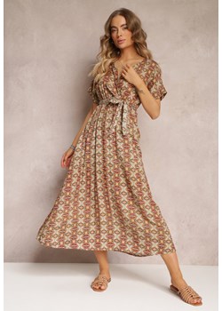 Brązowo-Bordowa Rozkloszowana Sukienka z Wiskozy z Gumką w Pasie Branda ze sklepu Renee odzież w kategorii Sukienki - zdjęcie 157101013