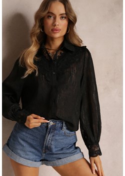 Czarna Koszula z Metaliczną Nitką i Koronką Knikkar ze sklepu Renee odzież w kategorii Koszule damskie - zdjęcie 157101513