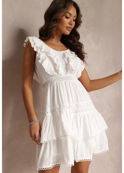 Biała Sukienka z Gumkami w Talii  i Falbanami Yanel ze sklepu Renee odzież w kategorii Sukienki - zdjęcie 157102212