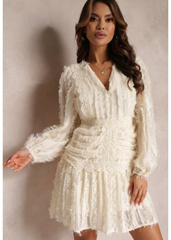 Beżowa Sukienka Rozkloszowana z Wystrzępieniem i Koronką Avela ze sklepu Renee odzież w kategorii Sukienki - zdjęcie 157102232