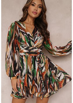 Brązowo-Zielona Kopertowa Sukienka Breyera Mini z Ozdobnym Wiązaniem i Długim Rękawem ze sklepu Renee odzież w kategorii Sukienki - zdjęcie 157102252