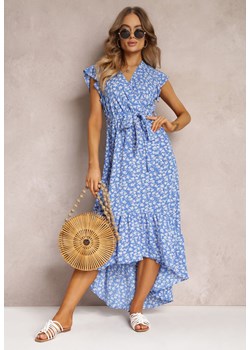 Niebieska Asymetryczna Sukienka Midi w Kwiaty z Falbanką Narexis ze sklepu Renee odzież w kategorii Sukienki - zdjęcie 157102382