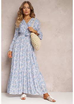 Niebieska Wiskozowa Sukienka z Gumką w Pasie i Falbanką Larna ze sklepu Renee odzież w kategorii Sukienki - zdjęcie 157102403