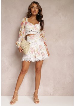 Różowa Spódnica Mini w Kwiaty z Wysokim Stanem i Koronką Natisha ze sklepu Renee odzież w kategorii Spódnice - zdjęcie 157102631