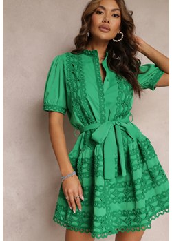 Zielona Rozkloszowana Sukienka Koronkowa z Wiązanym Paskiem Vinka ze sklepu Renee odzież w kategorii Sukienki - zdjęcie 157102892