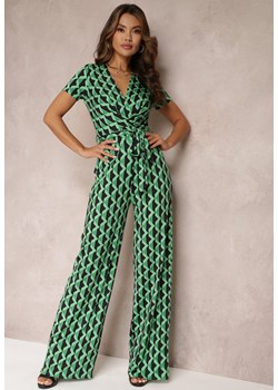 Zielony Kopertowy Kombinezon w Geometryczny Wzór z Wiązanym Paskiem Anaba ze sklepu Renee odzież w kategorii Kombinezony damskie - zdjęcie 157103200