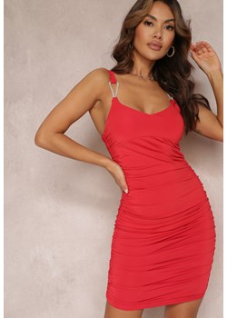 Czerwona Marszczona Sukienka Mini na Ramiączkach z Cyrkoniami Rosine ze sklepu Renee odzież w kategorii Sukienki - zdjęcie 157103291